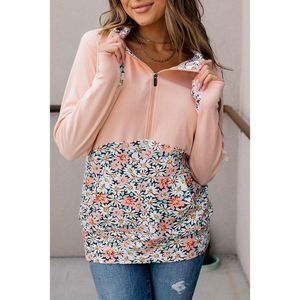 Azura Exchange  Pink Floral Patch Half Zip Kangaroo Pocket Hoodie